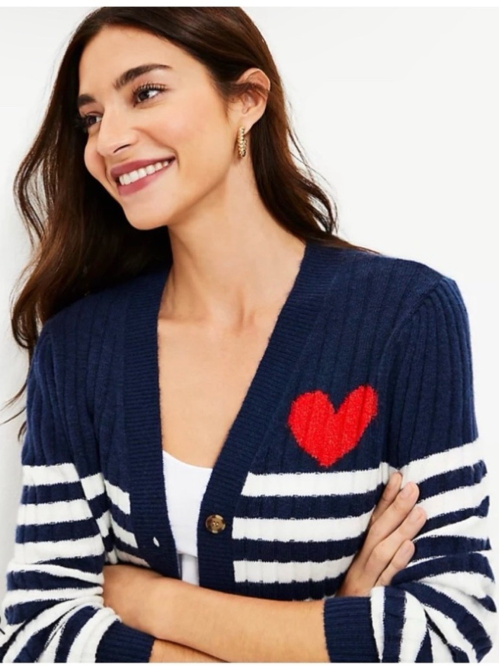 LOFT Navy & White Striped V‑Neck Cardigan with Red Heart-SP